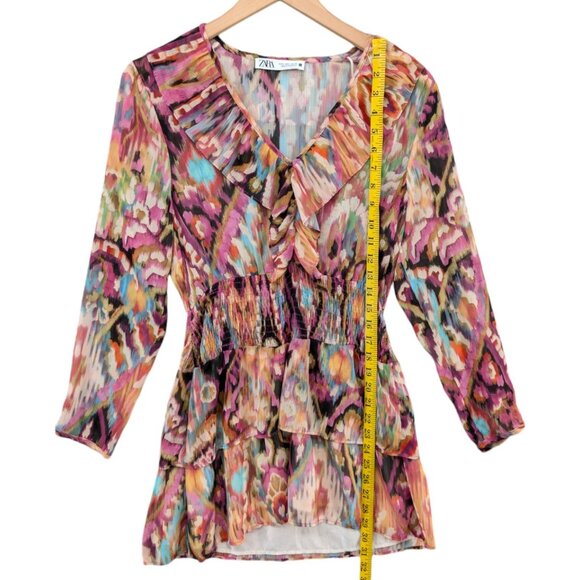 Zara Mini Ruffle Dress Multicolor Long Sleeve Smocked Tiered Sheer Size S - Picture 5 of 10